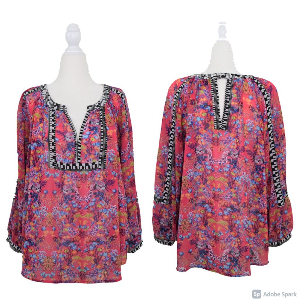 Nicole Miller Floral 3/4 Sleeve Tunic Blouse Pink Keyhole size M